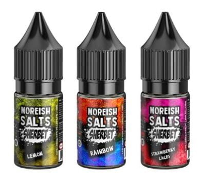 Moreish Puff, Sherbet, Salt, 10ml, Apple & Mango, Cherry, lemon, rainbow, raspberry, strawberry laces, sweet, fruit, 10mg, 20mg, salt liquid, cheap pod juice, e-liquid, 50vg, max vg, max flavour,