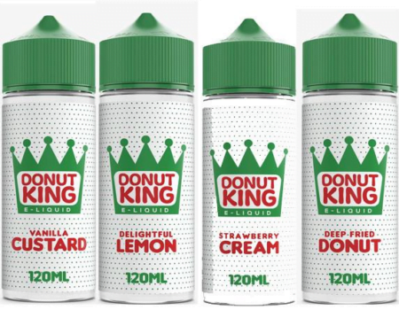 Donut King, E-Liquid, 120ml, Shortfill, deep fried, delightful lemon, strawberry cream, vanilla custard, raspberry coconut, cinnamon apple, desert e-liquids, cheap shortfills, UK Cheap Eliquid deals,