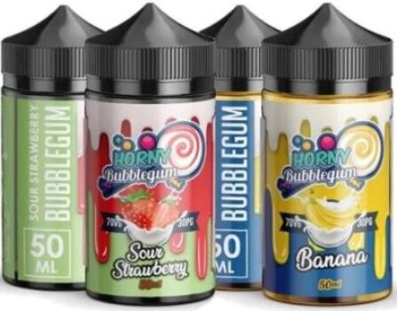 Horny Bubblegum Series, 75ml, Shortfill 0mg, bubblegum liquid, horny bubblegum, bubblegum shortfill, pineapple, strawberry, lemonade, mango, sour strawberry, root beer, orange, mint bubblegum, grape, banana, mango, max VG, sweet, fruity, gummy, UK liquid sales,