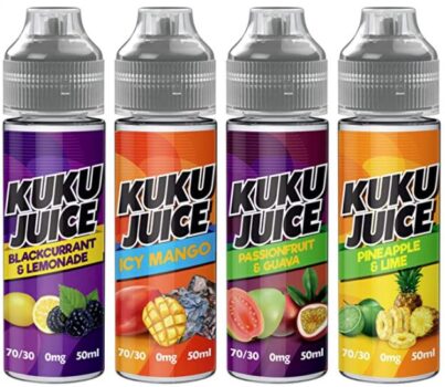 Four Fruit Pack, 4 x 50ml, Passionfruit & Guava, ICY Mango, Pineapple & Lime, Blackcurrant & Lemon, E Liquid, 70VG/30PG, Vape ELiquid, Vaping, No Zero Nicotine, 0mg, 4 Pack, Short Fill, Kuku Juice E-Liquid, sweet, fruity, Amazon e-liquid sales,