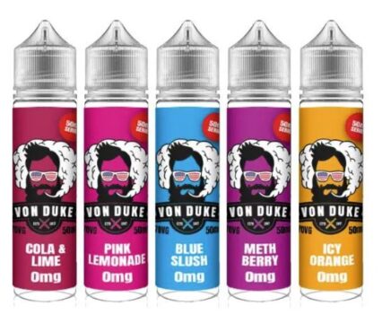 Von Duke, 50ml, E-Liquid, Shortfill, 0mg, meth berry, pink lemonade, ice orange, cola lime, blue slush, 70vg, Max VG, UK E-Liquid Deals 2021,