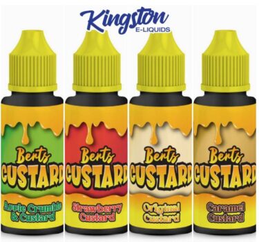 berts custard, apple crumble custard, blue raspberry custard, caramel custard, original custard, strawberry custard, custard, 70vg max flavour, tasty custard, UK e-liquid, creamy custard e-liquid, custard UK deals,