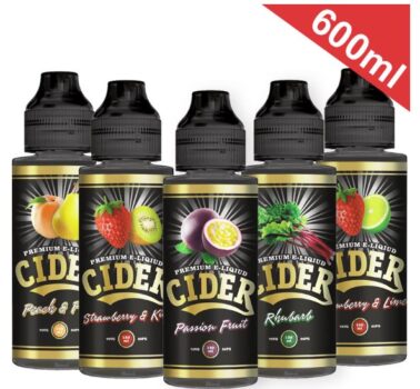 Cider, 600ml, E-Liquid, Shortfill, Sample Pack, cider liquid, cider flavoured liquids, strawberry and kiwi, passion fruit, rhubarb, strawberry and lime, peach and pear. 70vg, 100ml, 200ml, 300ml, 400ml, 500ml